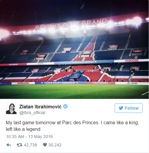 Златан Ибрахимович обяви в twitter, че напуска ПСЖ